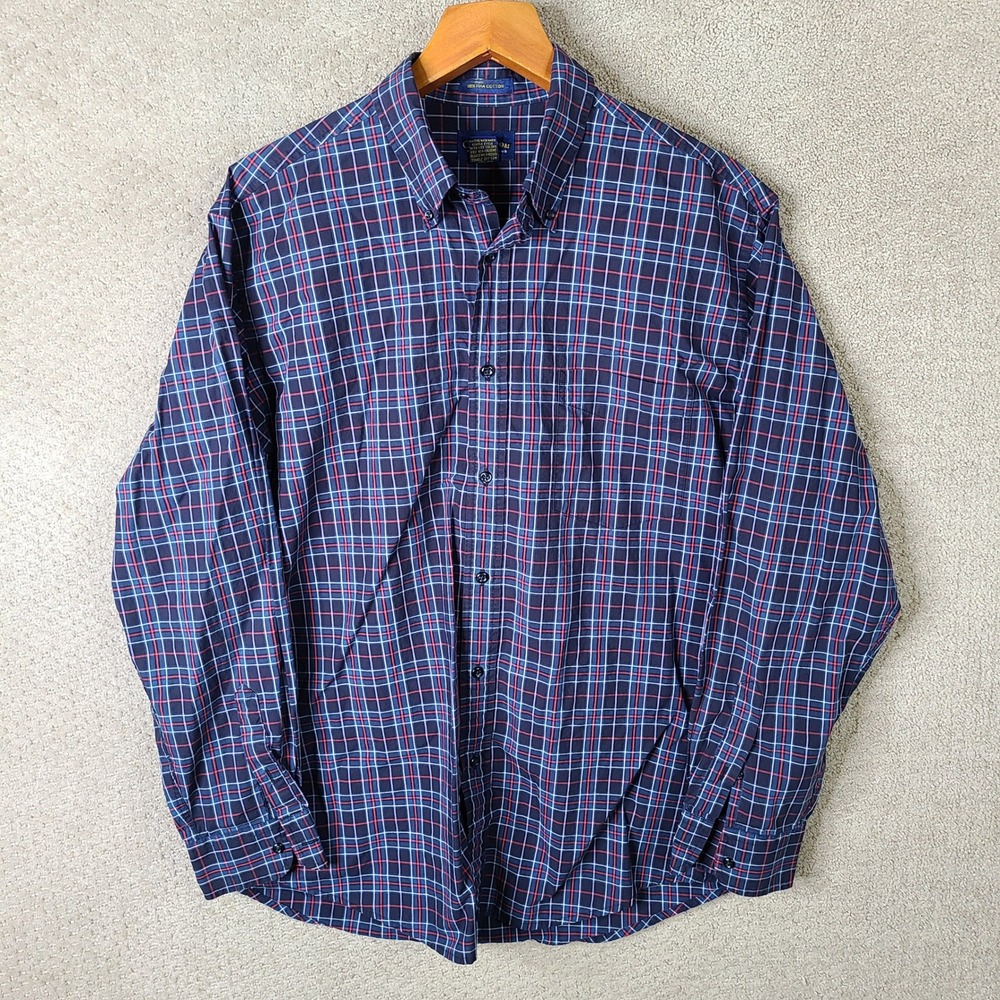 Club Room Shirt Mens L Blue Red Plaid Button Down Pima Cotton Long Sleeve Casual